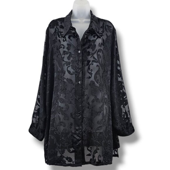 Avenue Burnout Velvet Blouse Size 26/28 Sheer Black Floral Button Up Whimsigoth - Picture 1 of 15